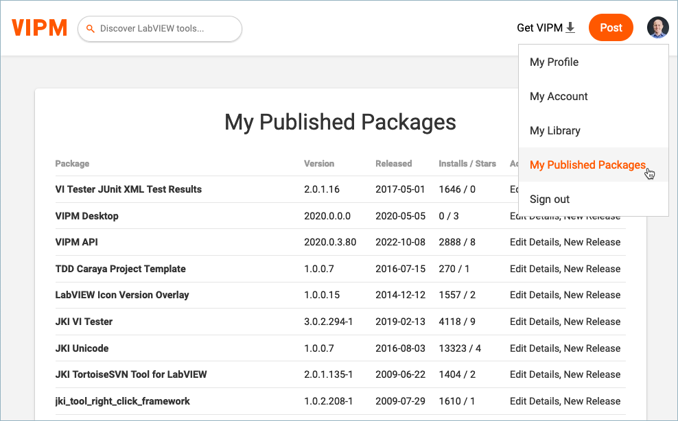 My Published Packages page
